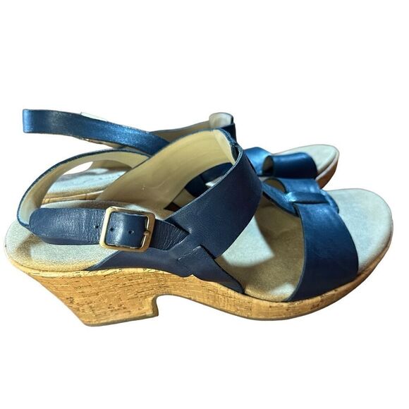 CLARKS Womens Size 10 Blue Cork Wedge Platform Leather Sandals Shoes Comfortable - Picture 10 of 13